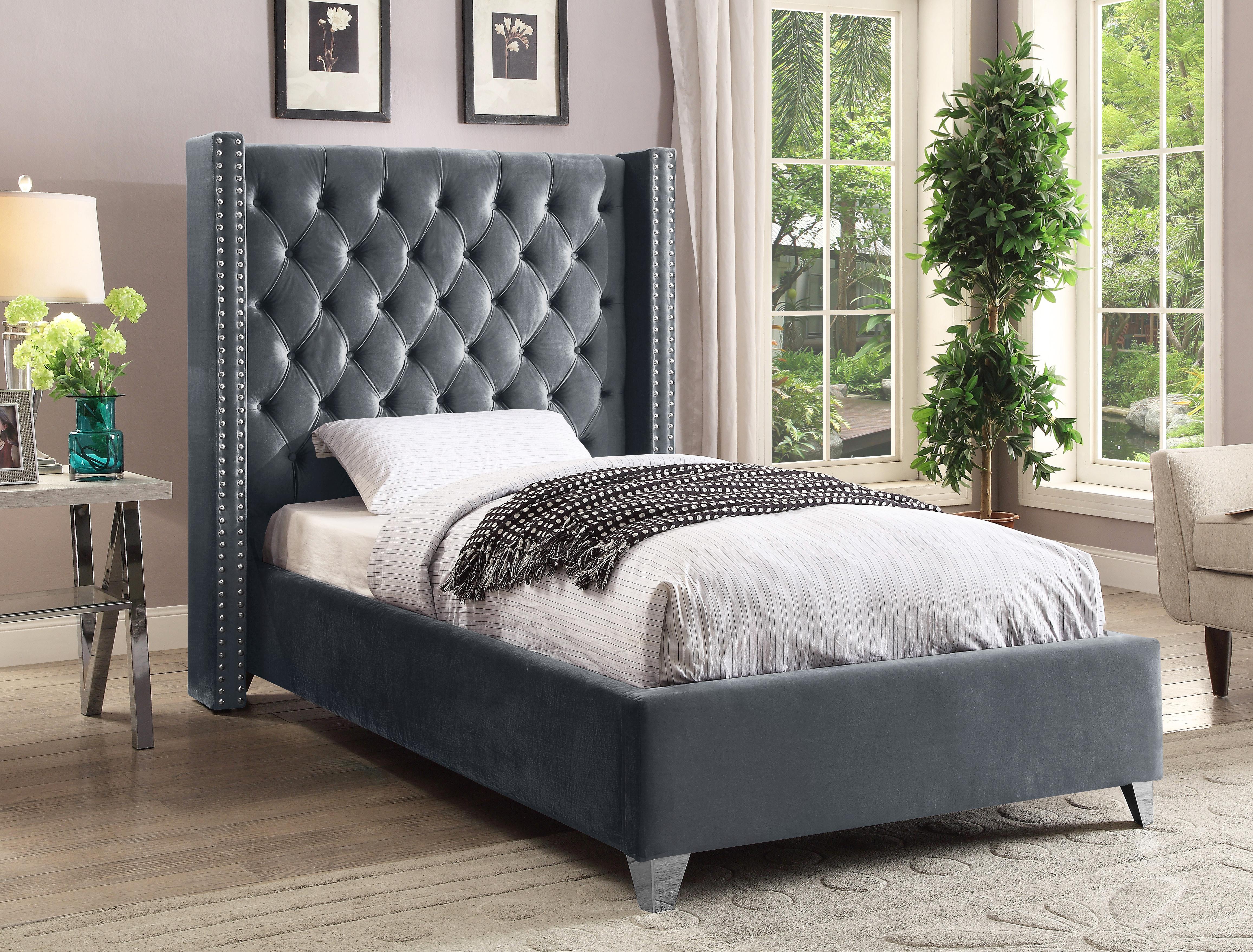 Aiden Grey Velvet Twin Bed